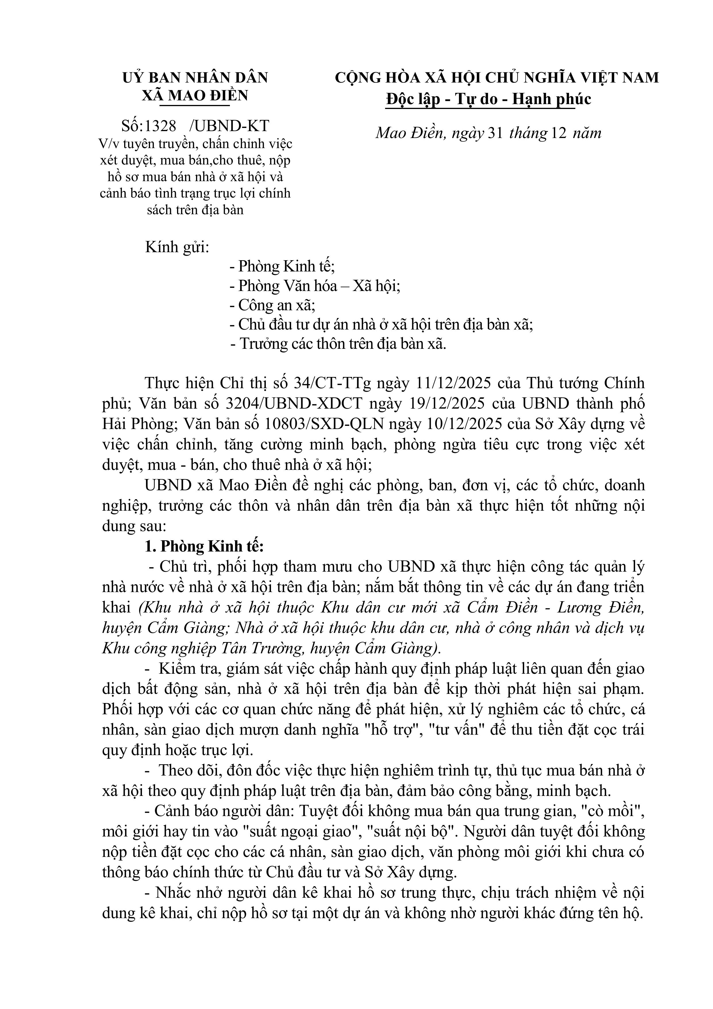 UBND xã Mao Điền  tuyên truyền, chấn chỉnh việc xét duyệt, mua bán,cho thuê, nộp hồ sơ mua bán nhà ở xã hội và cảnh báo tình trạng trục lợi chính sách trên địa bàn